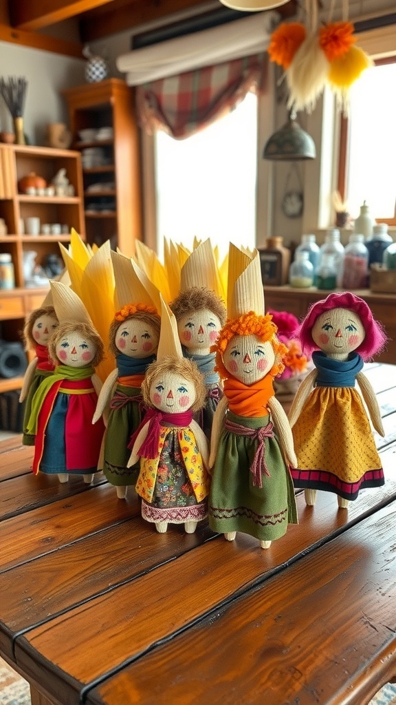 Handmade corn husk dolls with colorful clothing on a wooden table.
